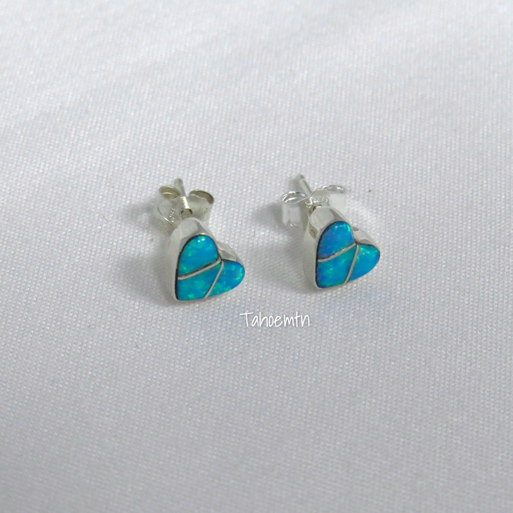 Sterling Silver Inlay Blue Lab Opal Heart Earrings - Picture 3 of 7